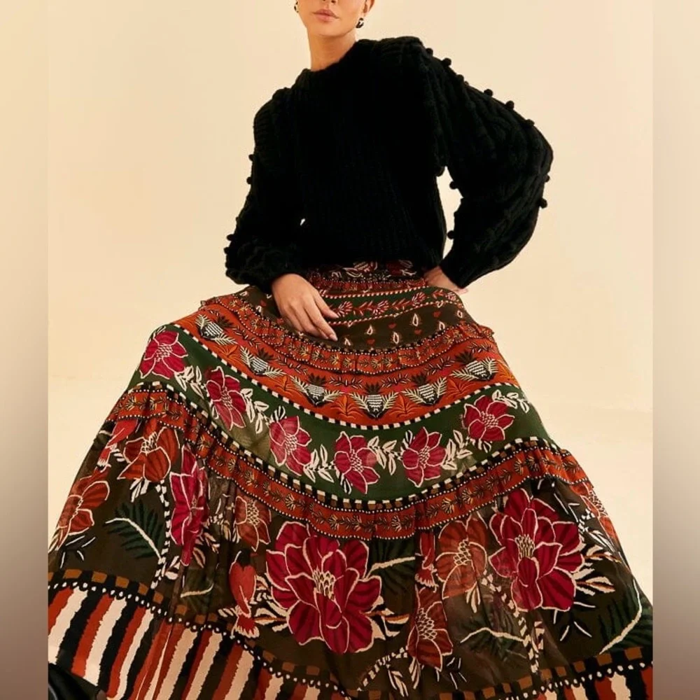 FARM Rio Floral Tiered Maxi Skirt in Black, Green, Red, Orange